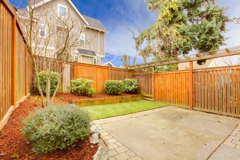 Small fenced city back yard during early spring